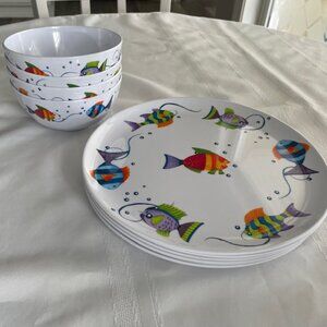 Melamine Plates and Bowls Set - Colorful Fish - 10 Pieces Dishwasher Safe